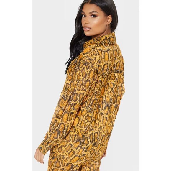 Pretty Little Things Sheer Snake Print Pocket Detail Oversized Shirt Orange Larg - Picture 9 of 10